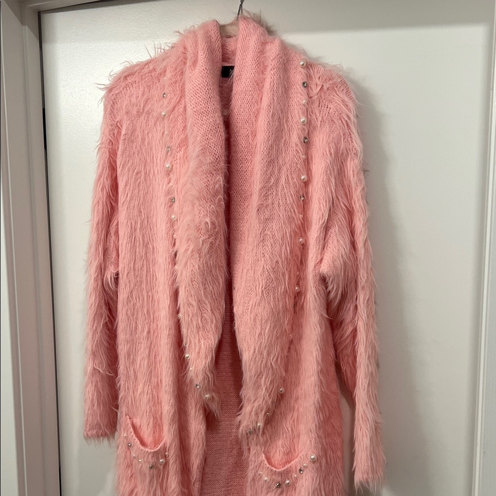 Pink Fuzzy Cardigan with Pearl Accents